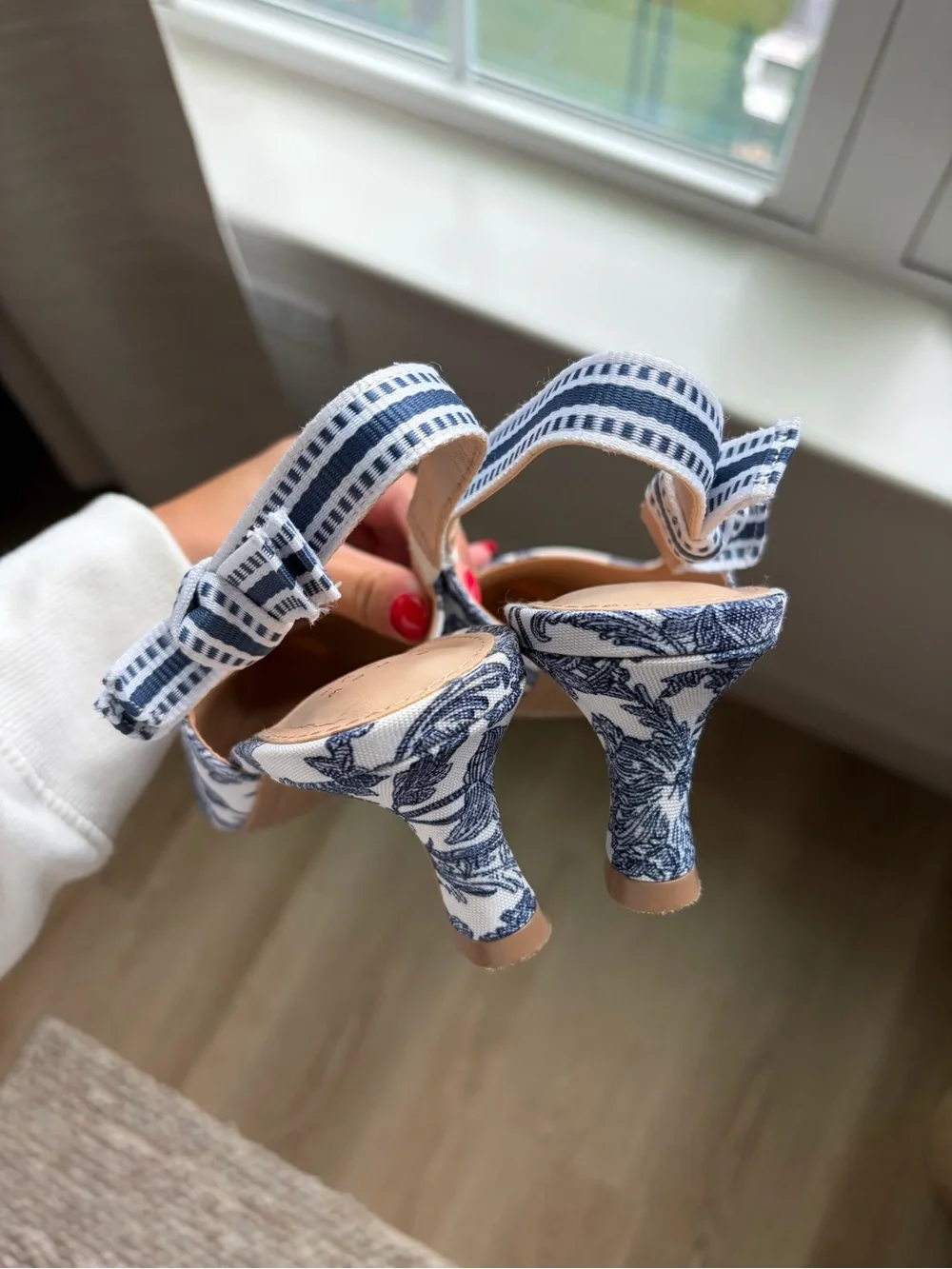 a new day White and Navy Floral kitten heels
